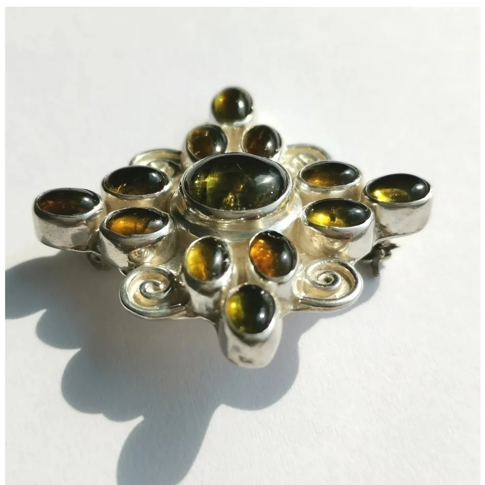 HANDMADE brooch sterling silver cabochon tourmaline